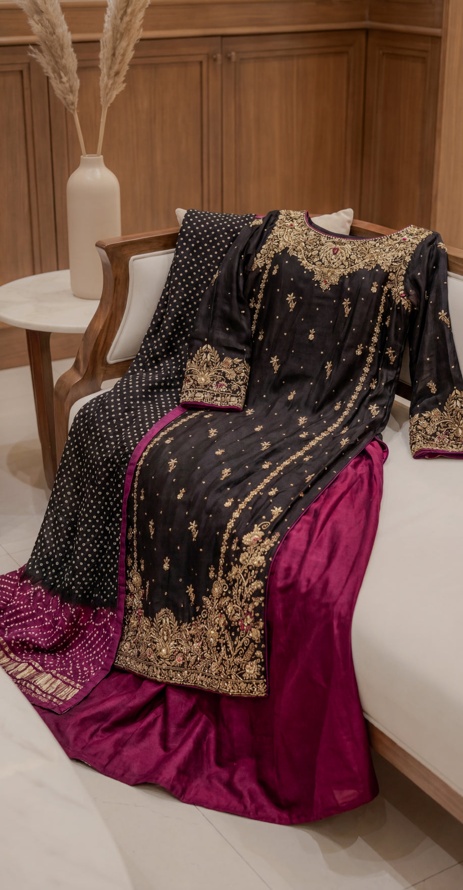Chunar | 3 Piece | Stitched Suit | Black & Pink