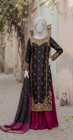 Chunar | 3 Piece | Stitched Suit | Black & Pink