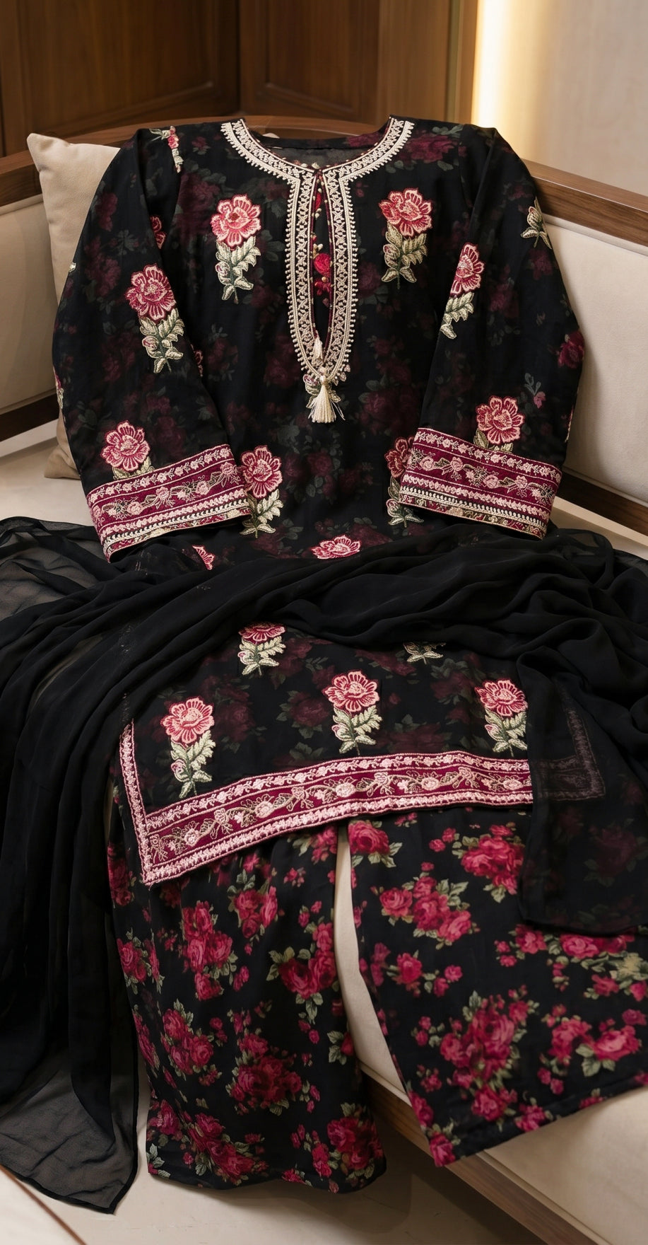 Munazza | 3 Piece | Stitched Suit | Black