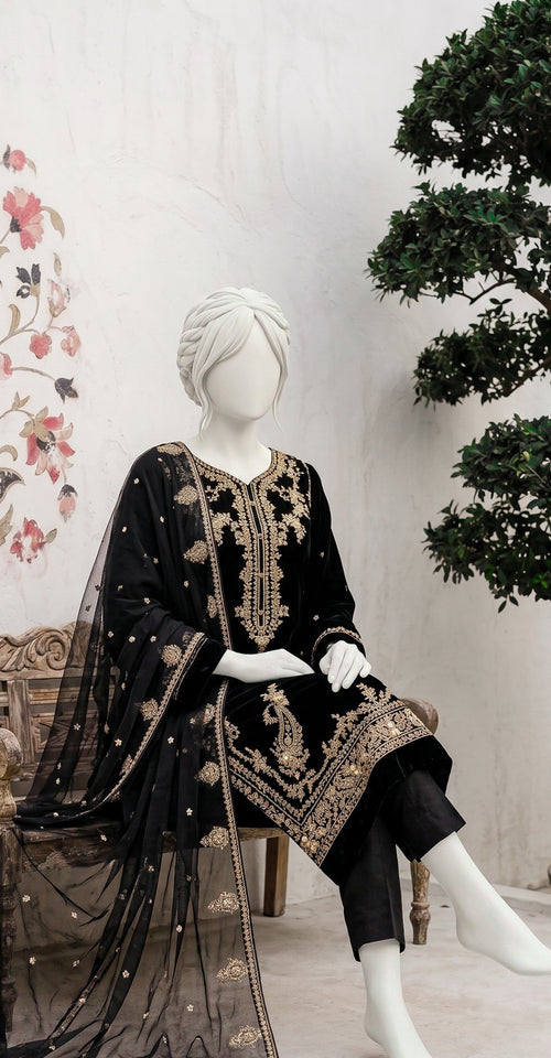 Dahaab | 3 Piece | Stitched Suit | Black
