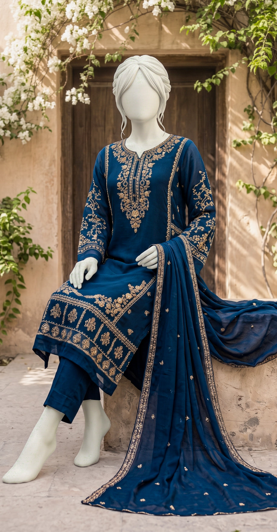 Meharbaan | 3 Piece | Stitched Suit | Ink Blue